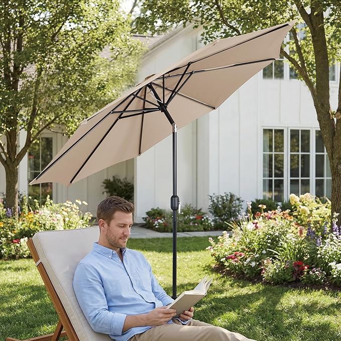 9FT Outdoor Patio Umbrella with Push Button Tilt and Crank, Market Umbrella, 8 Heavy-Duty Ribs, Outdoor Table Umbrella for Garden, Deck, Poolside & Backyard