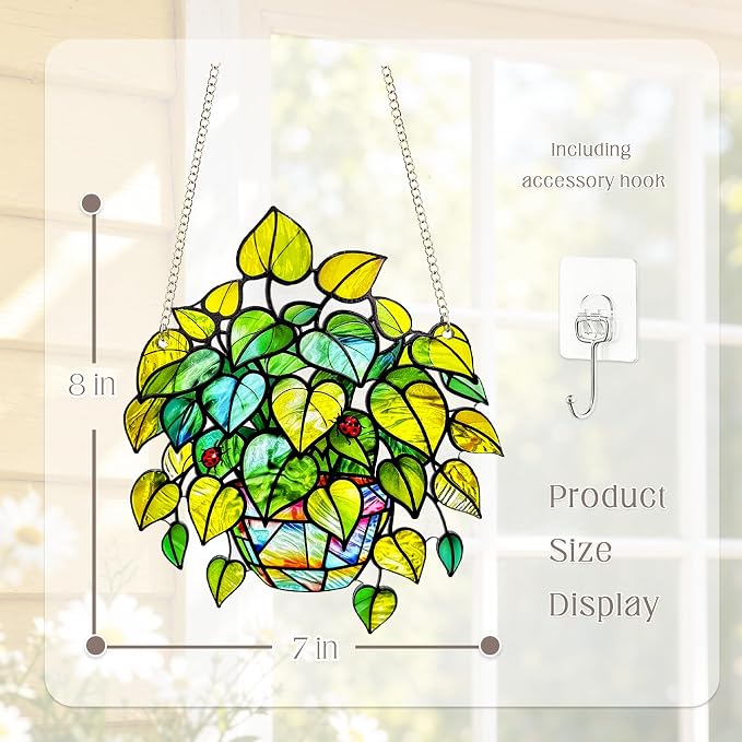 Plant Suncatcher Glass, Stained Glass Suncatcher Plant Window Hanging, Unique Nature Lover Gifts Leaf