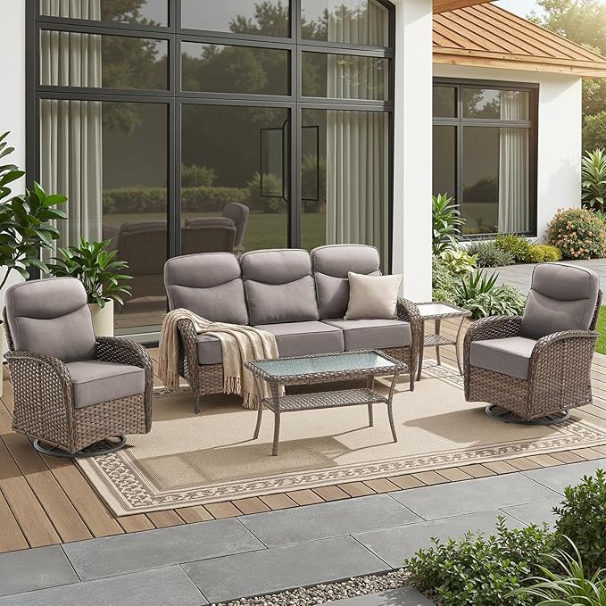 Luxury 6-Inch Cushion Patio Furniture Set, High Back Outdoor Swivel Rocker Patio Chairs with Outdoor Couch, Outdoor Wicker Conversation for Deck Porch Garden Balcony Poolside Gray Cushion