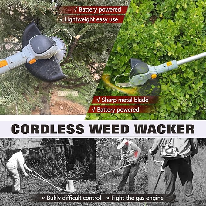 Electric Weed Wacker Eater Cordless Battery Powered, Weed Trimmer 4.0Ah Lightweight No-String with 2 Battery Operated & Wheels, 3 in 1 Stringless Grass Trimmer/Edger/Brush Cutter for Garden Yard Lawn
