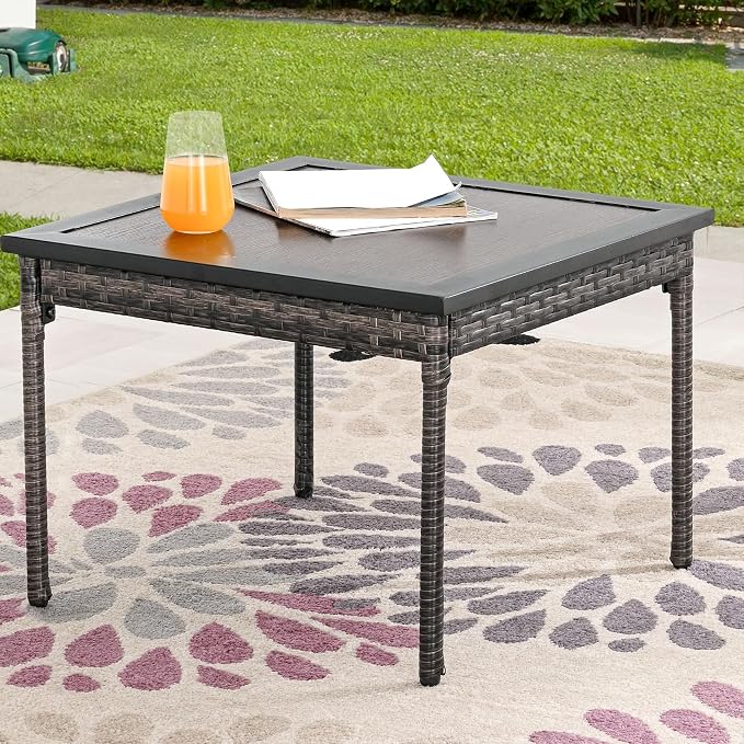 Outdoor Square Coffee Table Metal Wicker Patio Table with Wood Grain Tabletop Steel Frame