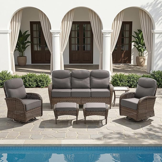 HUMMUH 5-Piece Patio Furniture Set with Upgraded 6" Thick Cushion - High Back Outdoor Swivel Rocker Chairs with 3-Seater Sofa,Ottomans,Wicker Outdoor Conversation Set for Deck,Porch,Yard,Poolside