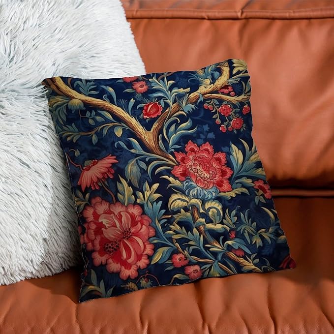 Throw Pillow Covers Navy Blue Floral Botanical Throw Pillow Covers Farmhouse Burgundy Gold Olive Pillow Cover Accent Farmhouse Decor Pillow for Patio Furniture Tent Garden 24x24 in