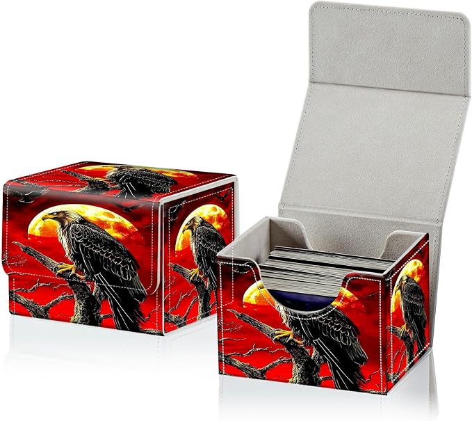 Card Deck Box for MTG, Cards Storage Box Fits 120+ Sleeved, Leather Small Size Strong Magnetic Closing Card Case for Board Games Magic TCG CCG Baseball Collection, Red Sky Eagle