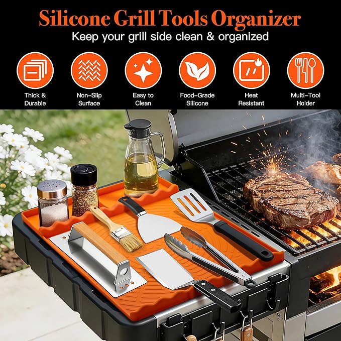 Silicone Grill Mat for Blackstone - BBQ Griddle Tools Side Mat with Drip Pad, Griddle Tools Mat for Outdoor Kitchen Countertop, BBQ Grill Accessories Gifts for Men (Orange-2Pack)