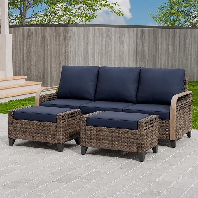 Modern Wicker Patio Furniture Set, Rattan Outdoor Conversation Set with Comfortable Cushions, 3 Seat Couch and 2 Ottomans, 3 Pieces, Brown/Blue