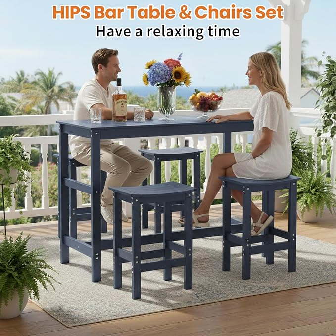 5Pcs HIPS Outdoor Bar Set, Weatherproof Patio Bar Table and Chairs Set for Outside, 55" Rectangular High Top Bar Table with 4 Bar Stools for Patio, Poolside, Balcony, Hot Tub, Blue
