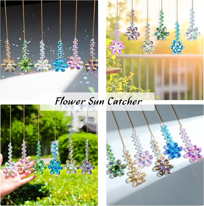 6pcs Crystal Flower Suncatchers Hanging Ornaments, Rainbow Maker Sun Catchers Indoor Window Outdoor Patio Garden Decor Gifts