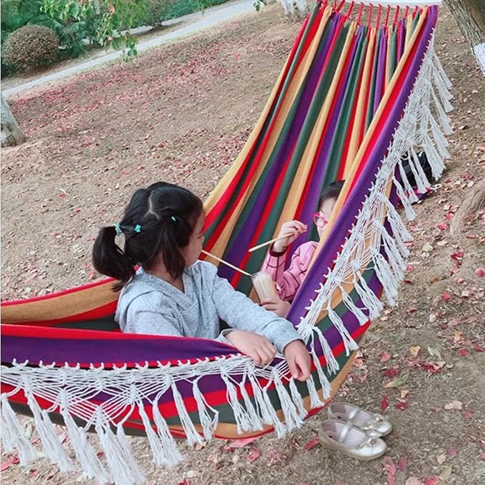 Handmade Cotton Woven Hammock, Portable Boho Canvas Swing with Tassels for Indoor and Outdoor Use, Perfect for Patio, Yard, Garden, and Camping