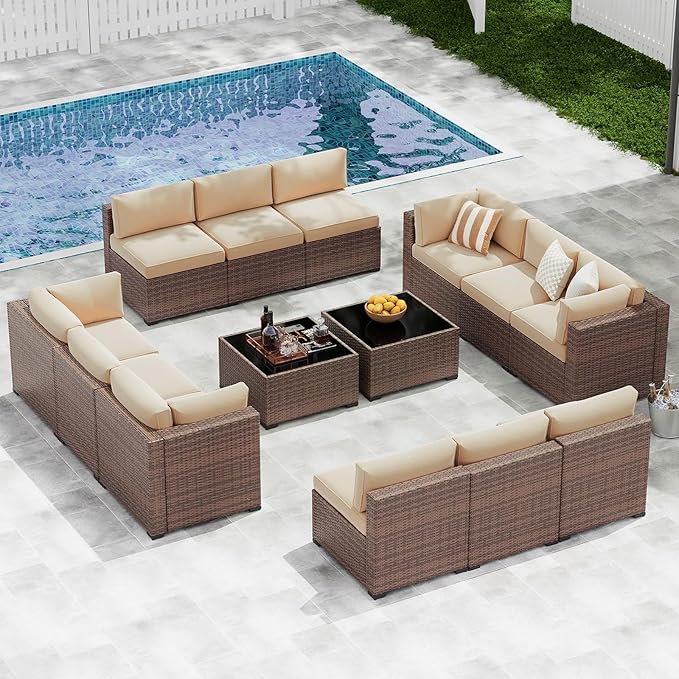 LazySunsets 14-Piece Patio Furniture Set, Wicker Rattan Outdoor Furniture with Thick Cushions, Patio Conversation Sets with Coffee Table, Outdoor Sectional Couch Sofa with Waterproof Cover, Beige