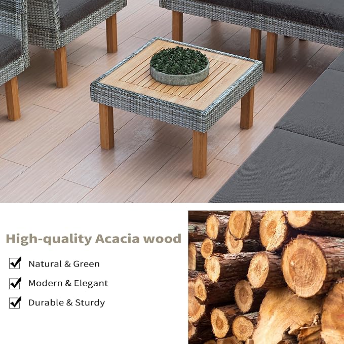 9 Piece Patio Furniture Set, Outdoor Conversation Set with Acacia Wood Legs and Tabletop,All Weather PE Rattan Sectional Sofa Set with Coffee Table, Washable Cushion, Grey