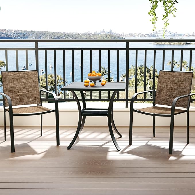 Anmutig 3-Piece Outdoor Dining Set, Small Metal Bistro Table with 2 Stackable Sling Chairs, 27.5 x 27.5 Inch Square Table, Brown Fabric