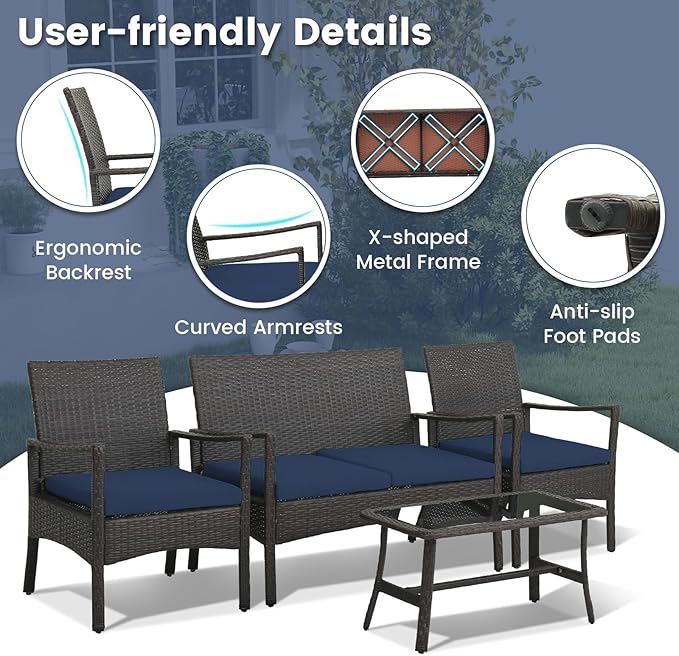 HAPPYGRILL 4-Piece Rattan Patio Conversation Set with Tempered Glass Coffee Table, Comfortable Wicker Loveseat & Chairs for Poolside, Courtyard, Balcony