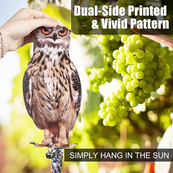 Owl to Keep Birds Away, 3 Pack Bird Scare Owl Fake Owl, Reflective Hanging Bird Decoration, Dual-Side Printed Owl to Keep Birds Pigeon Away from Patio Garden