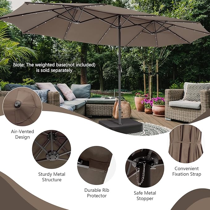 Tangkula 15 Ft Solar Patio Umbrella, Double-Sided Extra Large Outdoor Market Table Umbrella with 48 LED Lights, Crank Handle, 12 Sturdy Ribs for Poolside, Garden & Backyard (Tan)