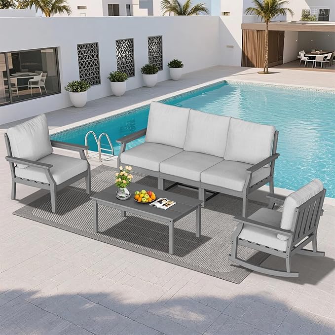HDPE Patio Conversation Set, 6-Piece All Weather Outdoor Furniture Set with 1 Single Rocking Armchairs for Deck, Lawn, with Cushion, Gray