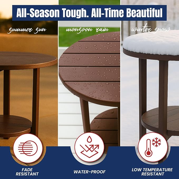 Phat Tommy Round Bar Height Patio Table - Outdoor Bar Table - Balcony Height Patio Furniture for Your Deck - Poly Outdoor Furniture, Brown
