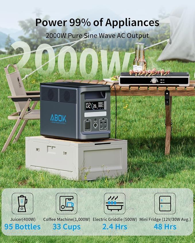 3072Wh (1536Wh x 2) ABOK Ark2000 Portable Power Station with Extra Battery LiFePO4, Expandable to 4.6kWh, 2.5 Hrs 0-100%, UPS, App, 2000W AC Solar Generator for Camping, Emergency, RV, Off-Grid Living