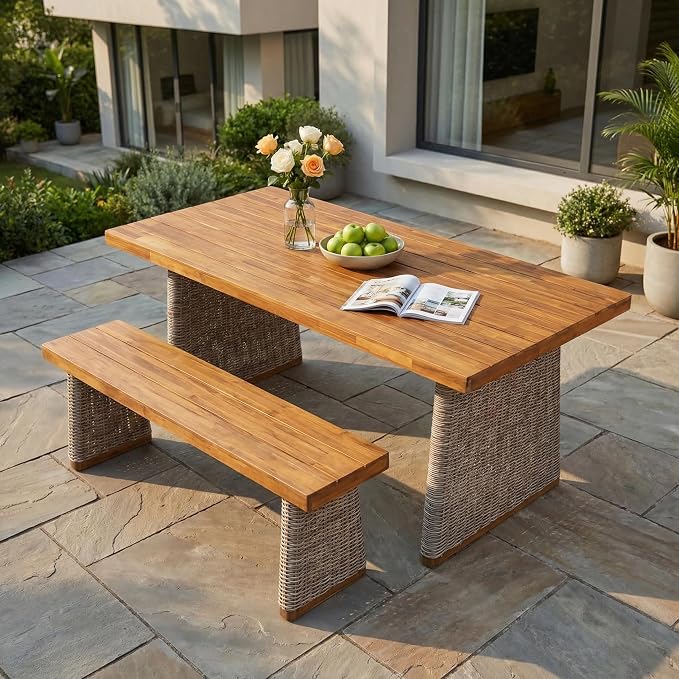 Merax 2-Piece Outdoor Dining Set Acacia Wood, 1 Table + 1 Bench, Slatted Design Tabletop & Woven Rattan Legs, Weather-Resistant Rectangle Patio Dining Set, Brown