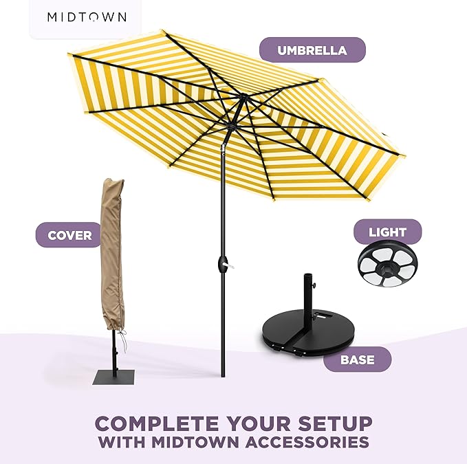 Midtown Umbrellas 10-Year-No-Fade - 9 Ft - UV Proof Yellow/white Stripes Fabric - Umbrella Outdoor Patio, Auto-Tilt Aluminum Frame Patio Umbrella for Garden, Pool & Deck - Black Pole