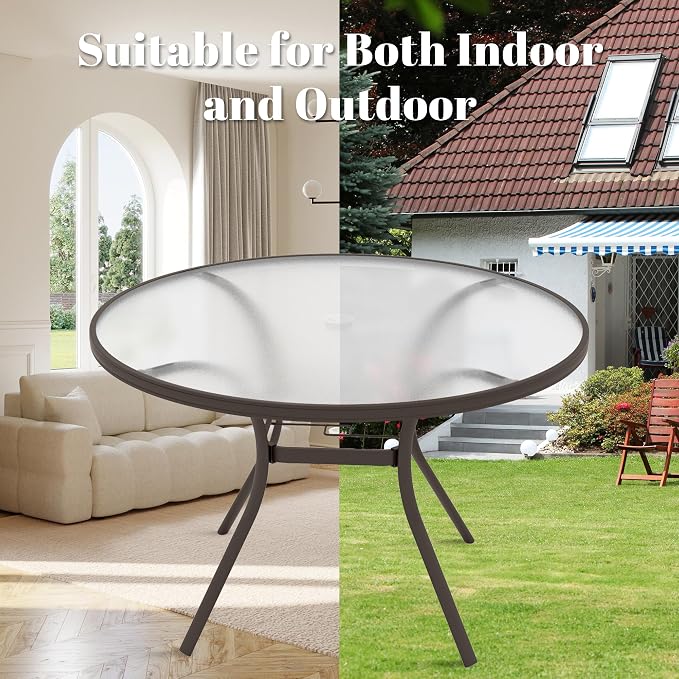 Glass Dining Table, 40" Outdoor Round Patio Table with Steel Base & 1.7" Umbrella Hole, Brown Frame