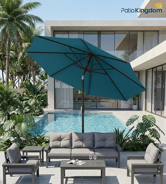 PatioKingdom 9FT Patio Outdoor Umbrella-UPF 50+ Sun Shade with Wind Vent, Push-Button Tilt & Smooth Crank Lift, Rust-Resistant Fiberglass Frame for Garden, Backyard,Yard (Lake Blue)