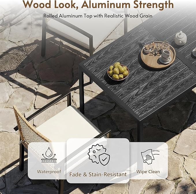 7-Piece Outdoor Dining Set for 6, Patio Dining Set with Hand-Woven Wicker Chairs & Cushions, 60" x 33" x 30" Wider Aluminum Woodgrain Table for Deck, Garden, Backyard