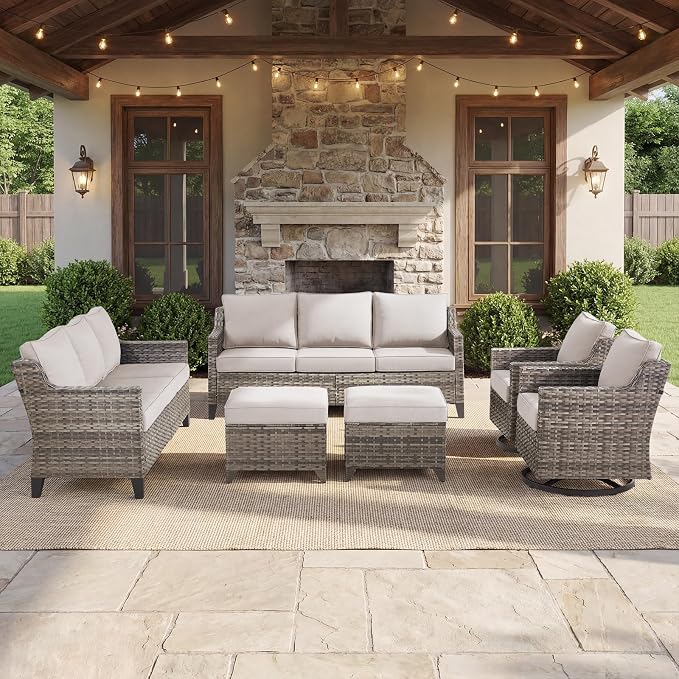 Belord Patio Wicker Swivel Rocker Patio Chairs with 3-Seater Sofa, Outdoor Rattan Chairs for Deck Porch Poolside, 6 Piece Luxury Patio Furniture Set, Beige