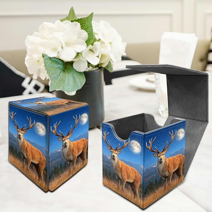 Grassland Deer Card Deck Box for MTG, Personalized Card Storage Case Fits 120+ Sleeved Cards, Premium Leather TCG Box with Strong Magnetic Closure for Magic, CCG, PTCG, Baseball Cards