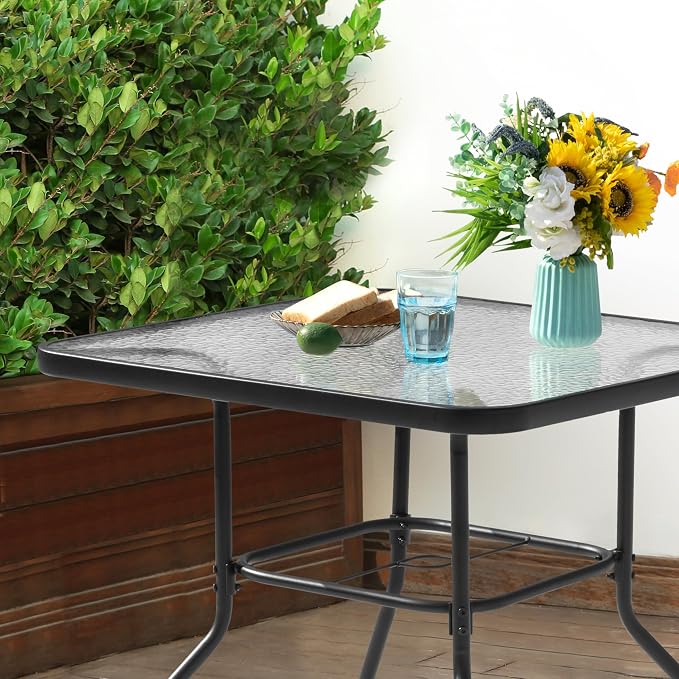 NUU GARDEN 31.5" Square Patio DiningTable, Patio Table with Umbrella Hole, Patio Dining Table with Tempered Glass, Outdoor Dining Tables, Square Patio Table for Balcony,Black
