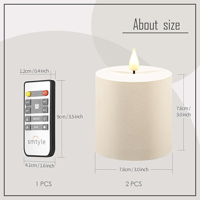smtyle Vintage Flickering Ivory Plastic Flameless Candles 3 x 3 Inch LED Battery Operated with Remote & Timer, Set of 2 – Neutral Rustic Farmhouse Decor Candles Sandstone Texture Beige