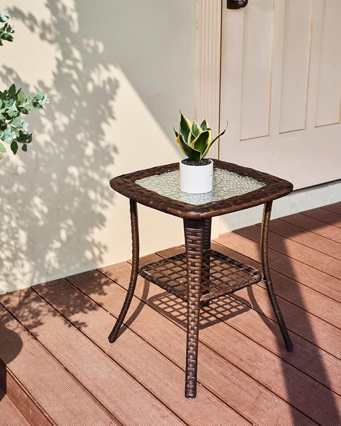 HILLGA Outdoor Patio Side Table with Spacious Nested Tempered Glass Tabletop and Storage Shelf (Brown)