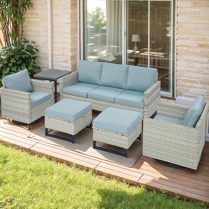 Wicker Outdoor Patio Furniture Set - 6 Piece Patio Conversation Set with 2 Swivel Rocker Chairs,2 Rattan Ottoman,1 Couch and 1 Metal Side Table for Outside Porch Deck Backyard(Light Grey/Sky Blue)