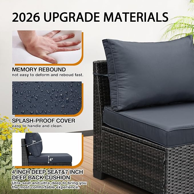 JOYURE 7 Pieces Patio Furniture Set All-Weather Outdoor Wicker Sectional Conversation Sofa Rattan Patio Seating Sofa with Cushion and Glass Table for Porch Poolside,Grey