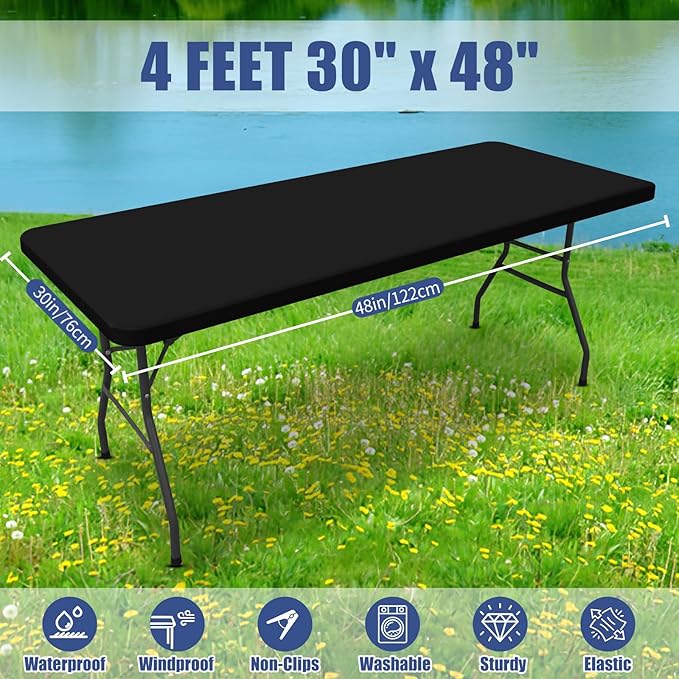 Moosfor Spandex 4 Foot Rectangle Table Cloth 2 Pack, Elastic Fitted Tablecloths for Picnic, Stretch Washable Patio Table Cover for Outdoor, Camping, Banquet and Parties (Black, 30"x48")