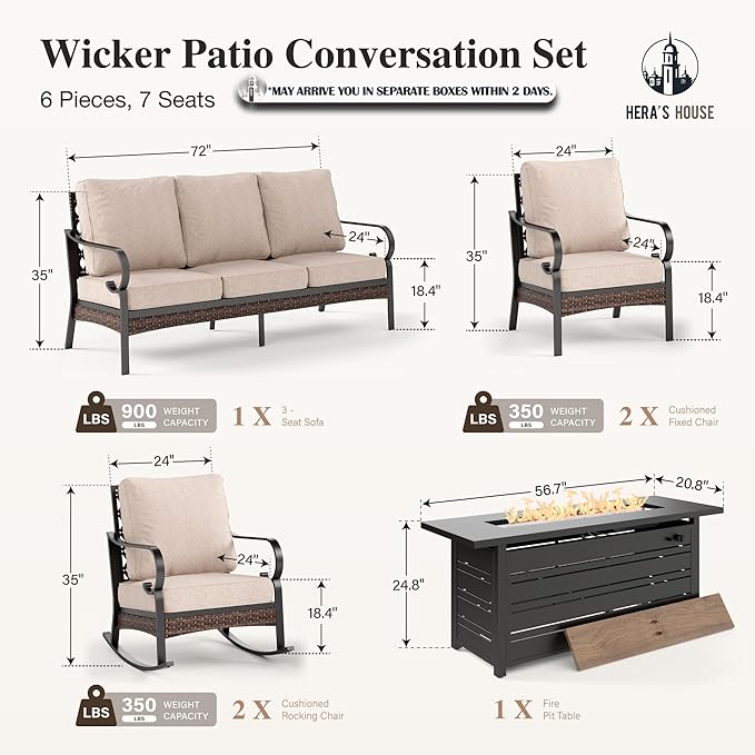 HERA'S HOUSE 6 Piece Metal Patio Furniture Set with 56" Fire Pit Table, All Weather Outdoor Conversation Set, 3 Seat Sofa, 2 Rocking Chairs, 2 Fixed Chairs, Seats 7 for Backyard, Garden, Deck, Beige
