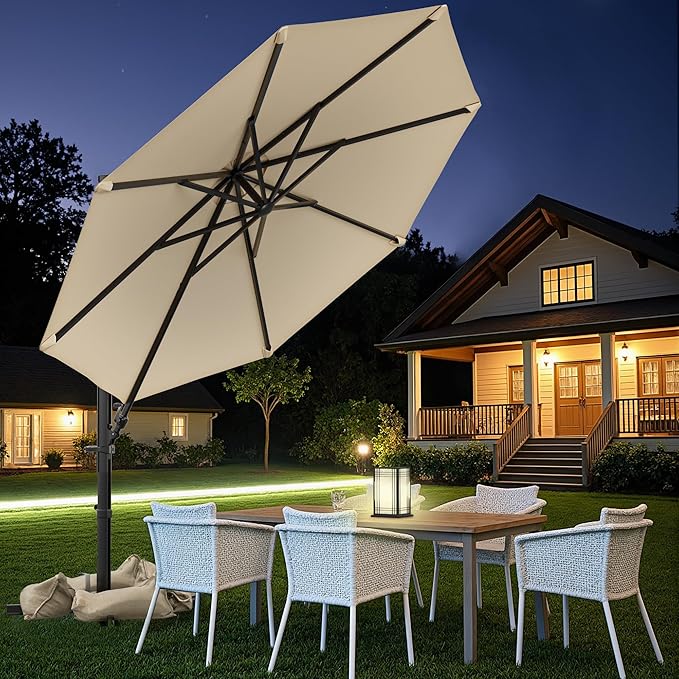 Greesum 10FT Outdoor Patio Umbrella with High Pedel and 4 Gear Heights, Large Offset Market Umbrella with 360-degree Rotation, Without Base, Hanging Outdoor Shade for Garden, Lawn, Pool, Beige