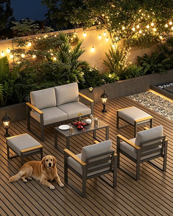 IDEALHOUSE Outdoor 2 Pieces Aluminum Patio Ottoman, Outdoor Footstool with Seat Cushions, Small Metal Outdoor Chairs for Balcony, Garden, Deck, Backyard,Gray