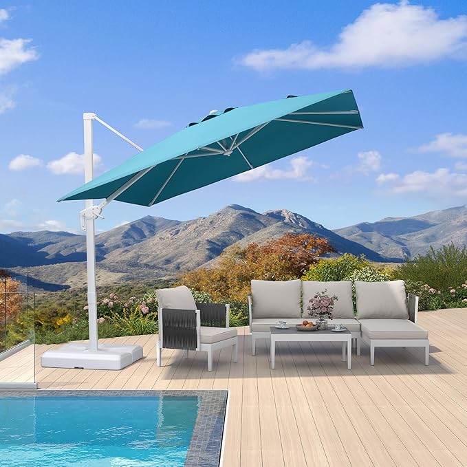 PURPLE LEAF 9 FT Patio Umbrella White Cantilever Umbrella Aluminum Square Outdoor Offset Umbrella Hanging Windproof with 360° Rotation for Garden Deck Pool, Turquoise