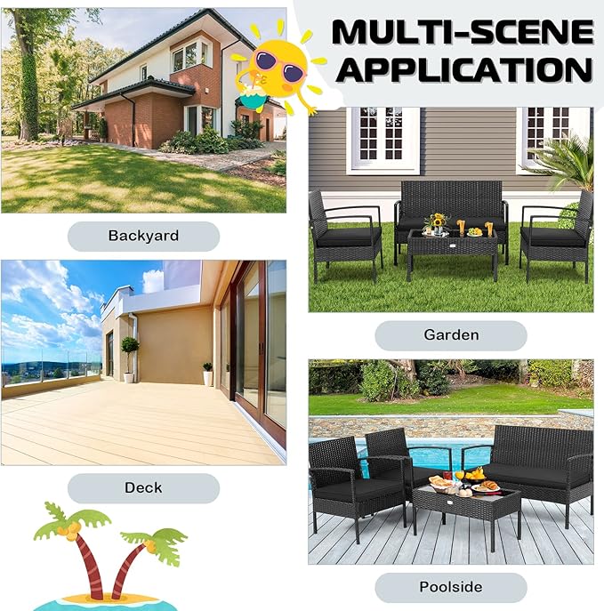 Tangkula 8 Piece Patio Rattan Conversation Set, Outdoor Wicker Furniture with Glass Coffee Table, Solid Steel Structure, Ergonomic Seat, Suitable for Garden, Courtyard, Balcony, Poolside