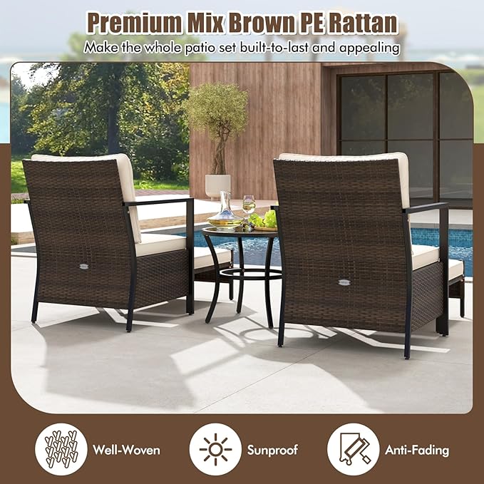 Tangkula 5 Piece Outdoor Furniture Set, Rattan Chairs & Ottomans w/Round Glass Topped Coffee Table, Space Saving Cushioned Patio Conversation Set for Backyard, Poolside (Off White)