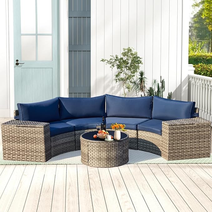 ECOTOUGE Half Moon Patio Furniture Set, 7-Piece All-Weather Wicker Curved Sofa Set, Half Moon Outdoor Couch with High Backs, Fit for Pool Backyard Balcony Garden(Blue)