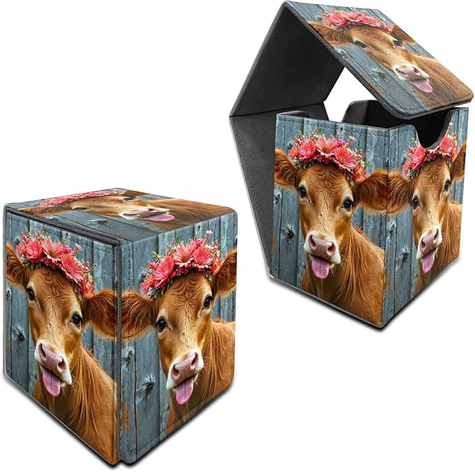 Pink Flower Cow Card Deck Box for MTG, Personalized Card Storage Case Fits 120+ Sleeved Cards, Premium Leather TCG Box with Strong Magnetic Closure for Magic, CCG, PTCG, Baseball Cards
