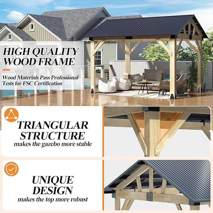 COVERONICS 10’x12’ Outdoor Wood Gazebo - Hardtop Patio Gazebos with Galvanized Steel Roof, Cedar Wooden Gazebo for Garden, Porch, Patio and Deck