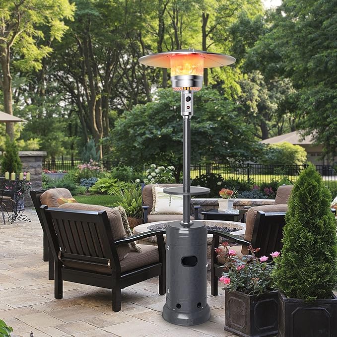 S AFSTAR 48000 BTU Outdoor Patio Heater, Portable Propane Heater w/Drink Shelf Tabletop, Wheels, Base Reservoir, 87-inch Tall Standing Heating Lamp Tower for Garden Veranda Porch Party (Grey)