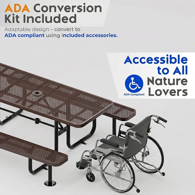 Commercial Heavy-Duty Metal Picnic Table - ADA Compliant, Adjustable Seats, Umbrella Hole, Expanded Metal (Brown, 6' Rectangular)