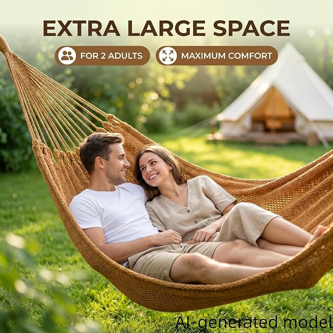 Mayan Style Handwoven Hammock with Carry Bag, 2 Person Cotton Nylon Rope Hammock, 500 lb Capacity for Camping, Backyard, Patio, Porch, Indoor Outdoor Use
