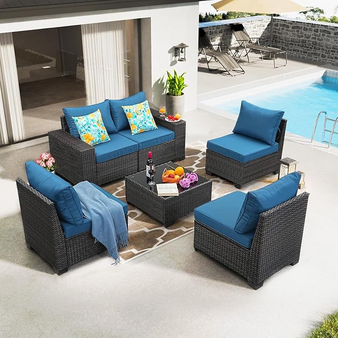 6 Pieces Patio Furniture Set,Wicker PE Rattan Outdoor Sectional with Cushion & Coffee Table, Patio Conversation Sofa for Garden, Backyard, Poolside, Peacock Blue