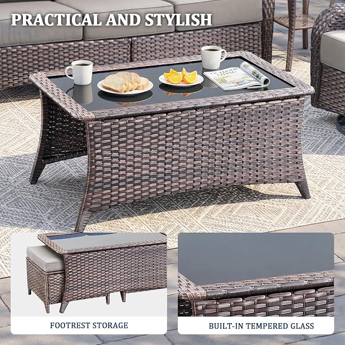 Luxury Swivel Rocker Chairs Sofa Set with 6" Thick Cushion 5 piece Wicker Outdoor Patio Chair with Coffee Table High Back Comfortable Outdoor Patio Furniture Set - Brown | Gery