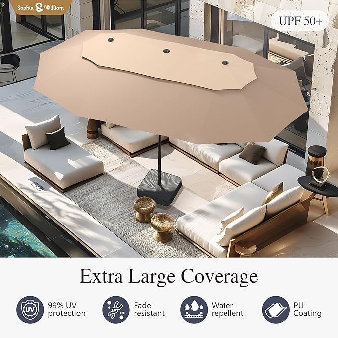 Sophia & William 15ft Extra Large Patio Umbrella with Base Included, 2-Tier Double-Sided Rectangle Outdoor Umbrella with Stand, Market Umbrella for Pool Garden Backyard, Beige&Tan